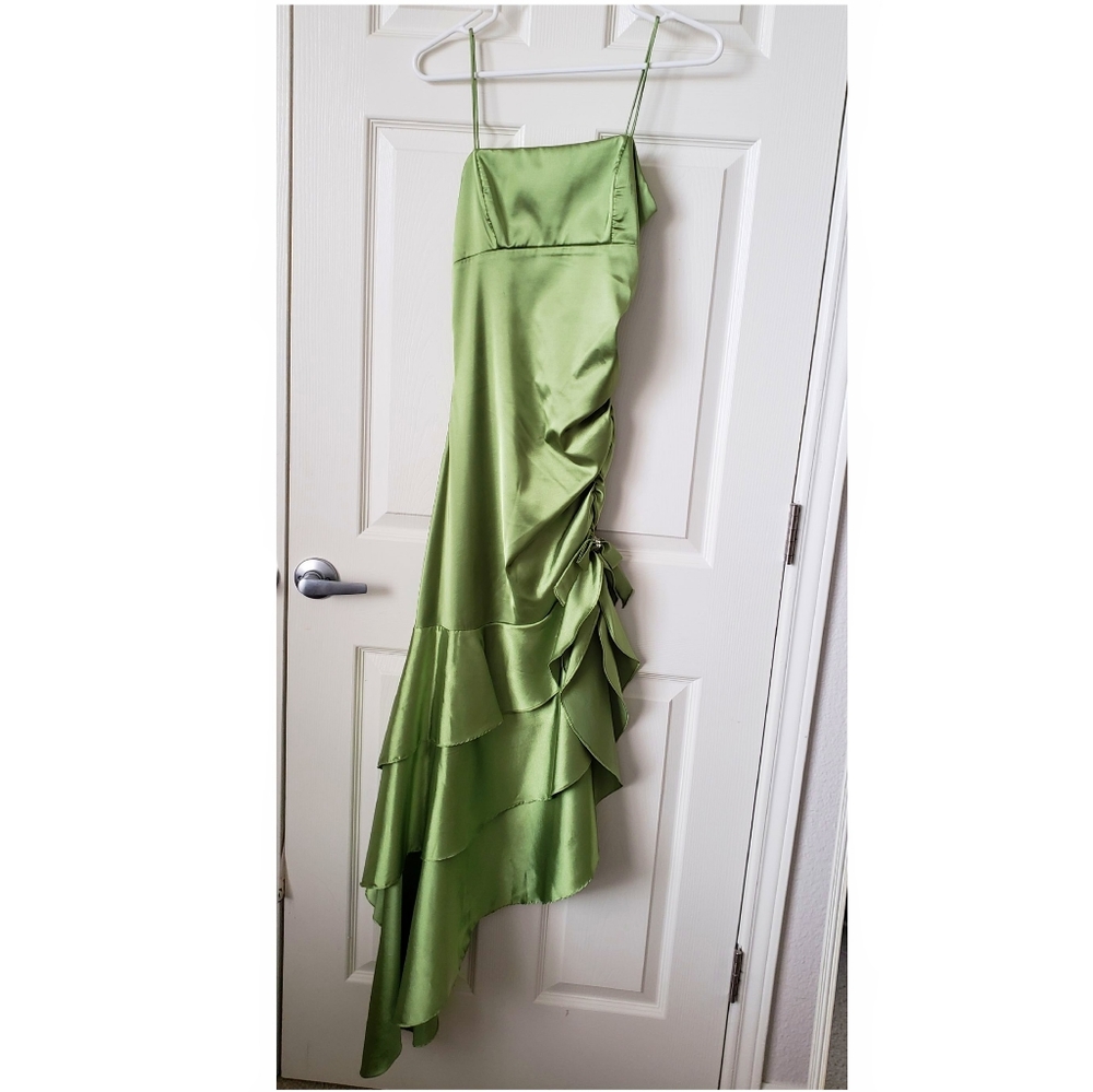 Ruffle-y Bright Green Satin Formal Dress